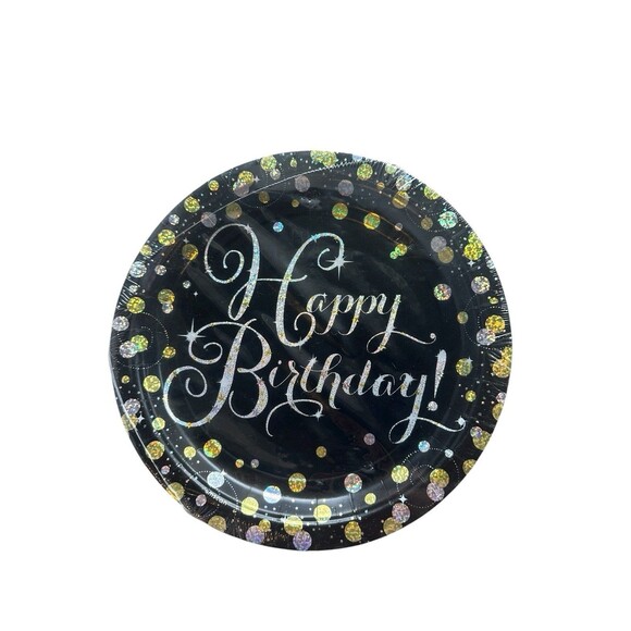 Happy Birthday Black Gold Silver 24 Plates (9") & 3 Packs Matching Napkins - Picture 4 of 5